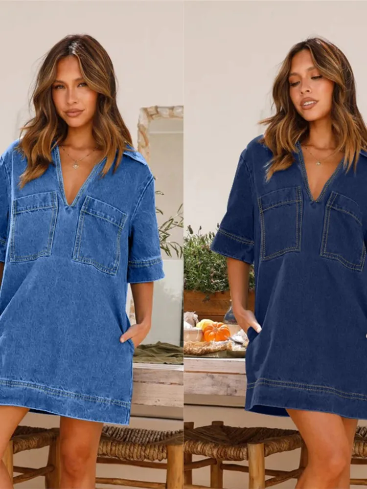 Fashion Denim Dress Casual V Neck Short Sleeve Loose Distressed Jean Dress 2024 Spring Summer Street Style Dresses Female