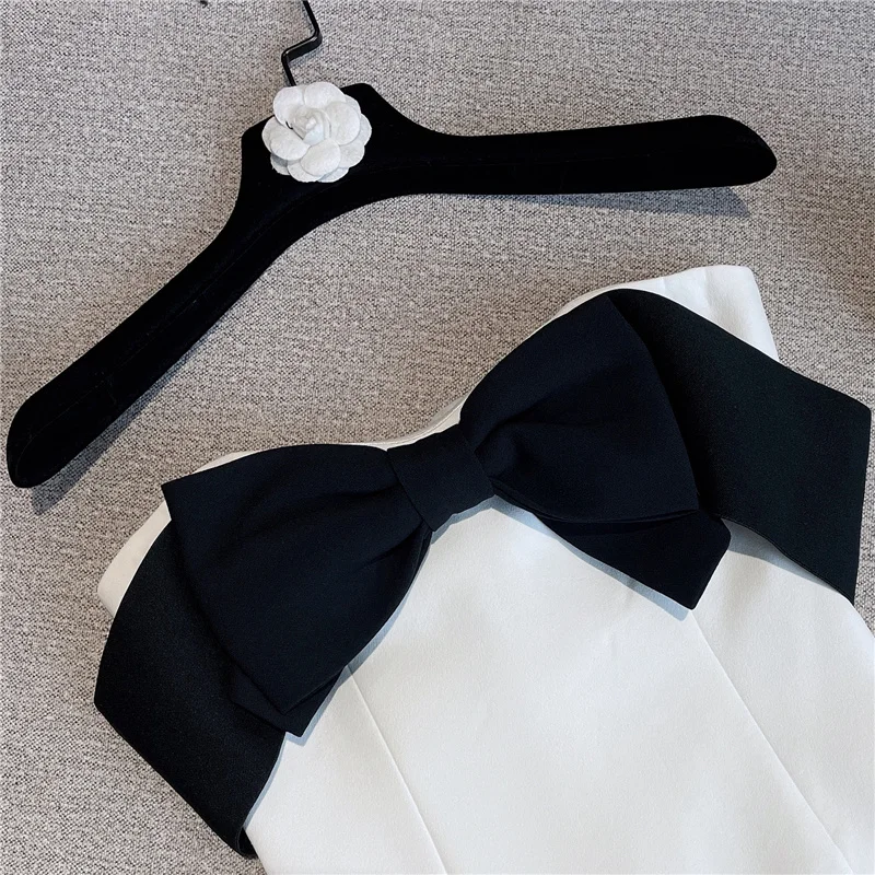 2023 Summer New Collection Sleeveless Black Bow Strapless High Waist White  Slim Short Dress Women Sexy Club Prom Vestidos Za