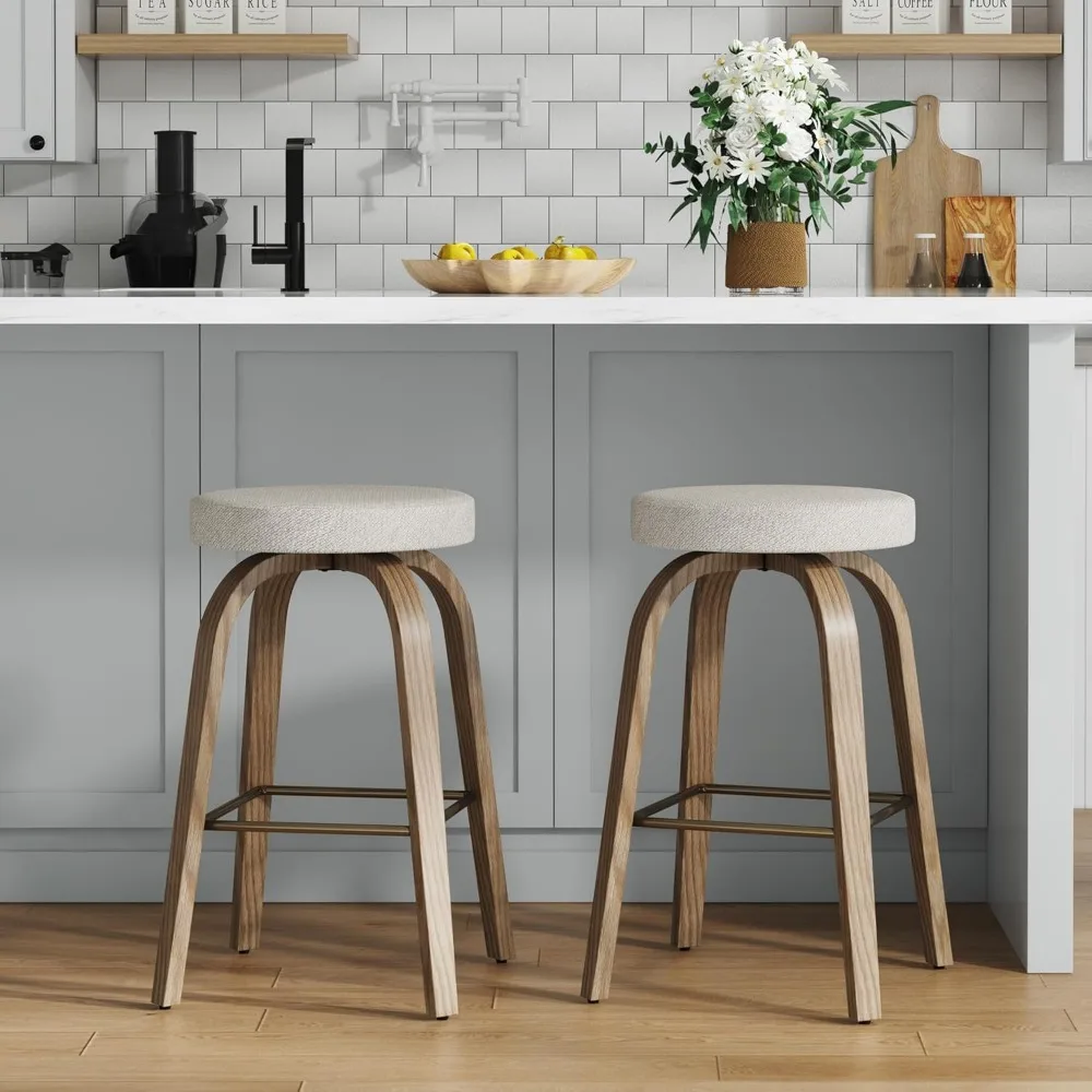 

Swivel Bar Stools Set of 2, Bar Height Backless 30″ Bar Stools, Fabric Upholstered Seat, Sturdy Wood Legs and Metal Footrest, Mi