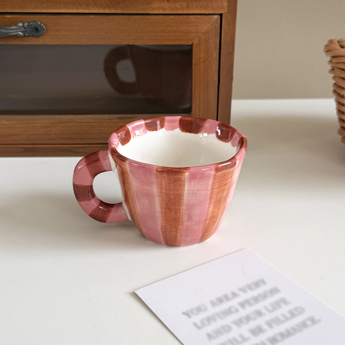 1Pc Pink Striped Ceramic Mug, Creative and Aesthetically Pleasing Striped Mug Coffee Cup, Suitable for Home Decoration, Daily Household Use, Party Decoration Ceramic Cup, Afternoon Tea Coffee Cup, Gift for Giving