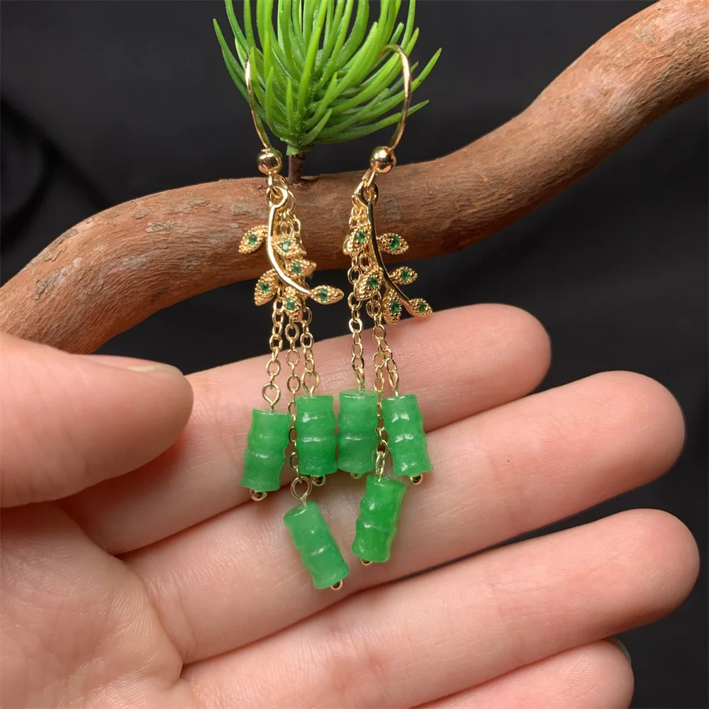 Retro Luxury Green Jade Tassel Drop Dangle Earrings 14K Gold Chinese Ancient Style Stone Jade Earrings for Women Gift Jewelry