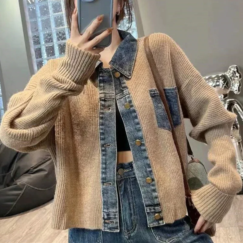 Korean style design, niche, loose sweater, women\'s 2023 autumn new denim patchwork knitted top jacket