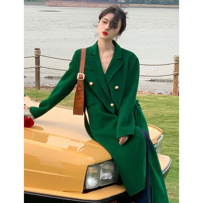 

Retro French Wool Jacket Women Fall Winter Elegant Suit Collar With Belt Outwear Fashion Thick Double-sided Woolen Overcoat Lady