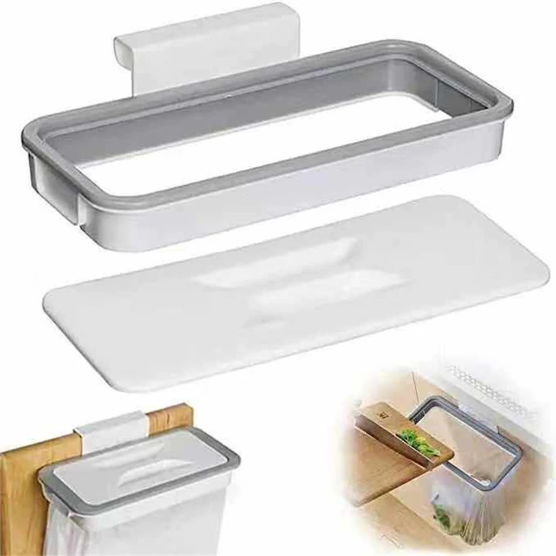 Kitchen Trash Rack Cabinet Door Garbage Bags Holder Portable Trash Bag Holder for Cabinet Door and Cupboard with Removable Lid