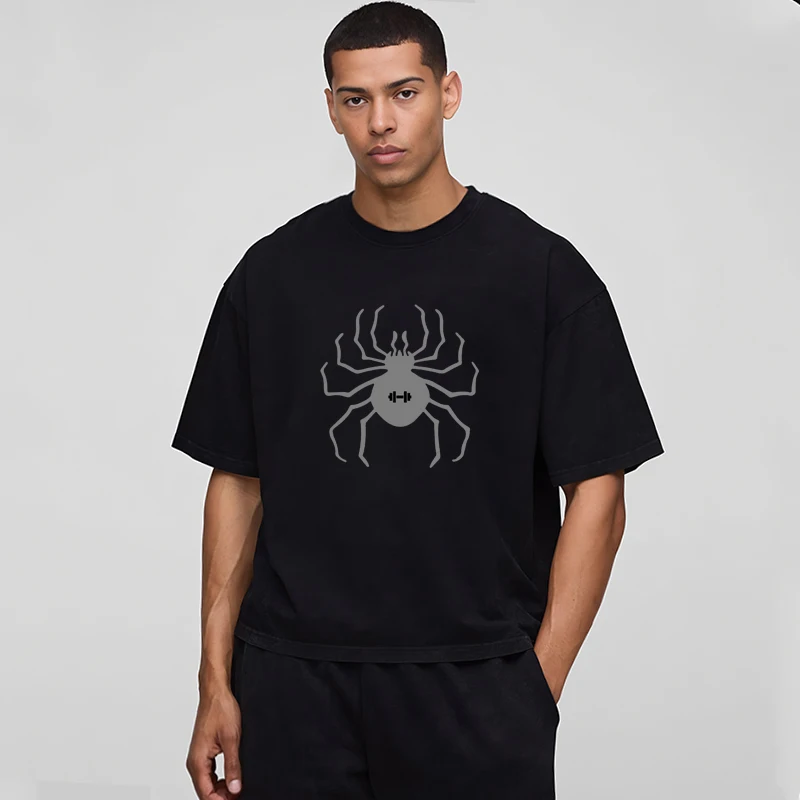 

Boxy Fit Running T-shirts Men Dumbbell Spider Oversized Dropped Shoulders 240gsm Cotton Half Sleeve O-neck Gym Fitness T Shirts