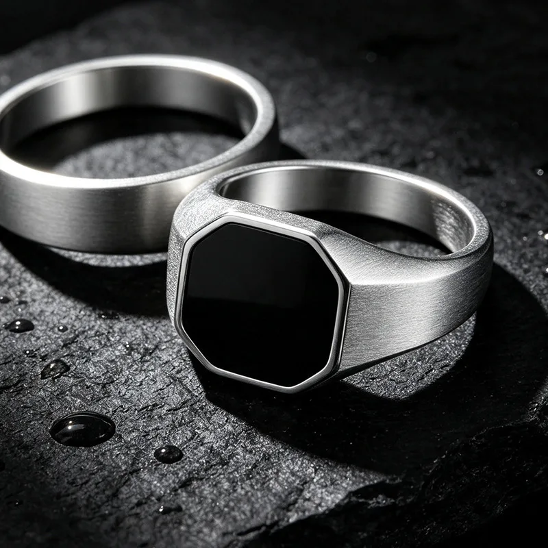 Octagonal Black Signet Ring Stainless Steel Brushed Surface Wide Finger Ring Men Minimalist Hip‑Hop Jewelry Gift