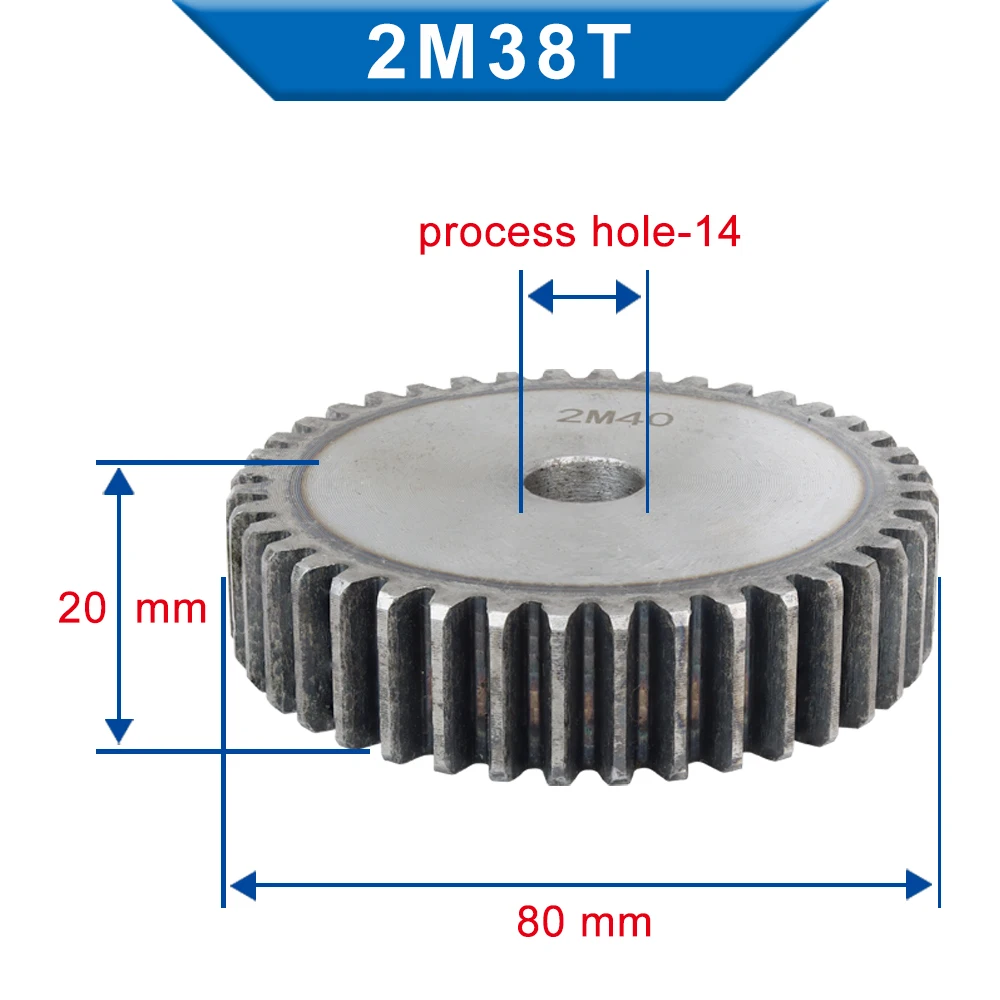 Spur Gear 2M-38T/39T/40T Teeth Pitch 6.28 mm Gear Thickness 20 mm Bore 14 mm Cylindrical Gear Low Carbon Steel High Quality