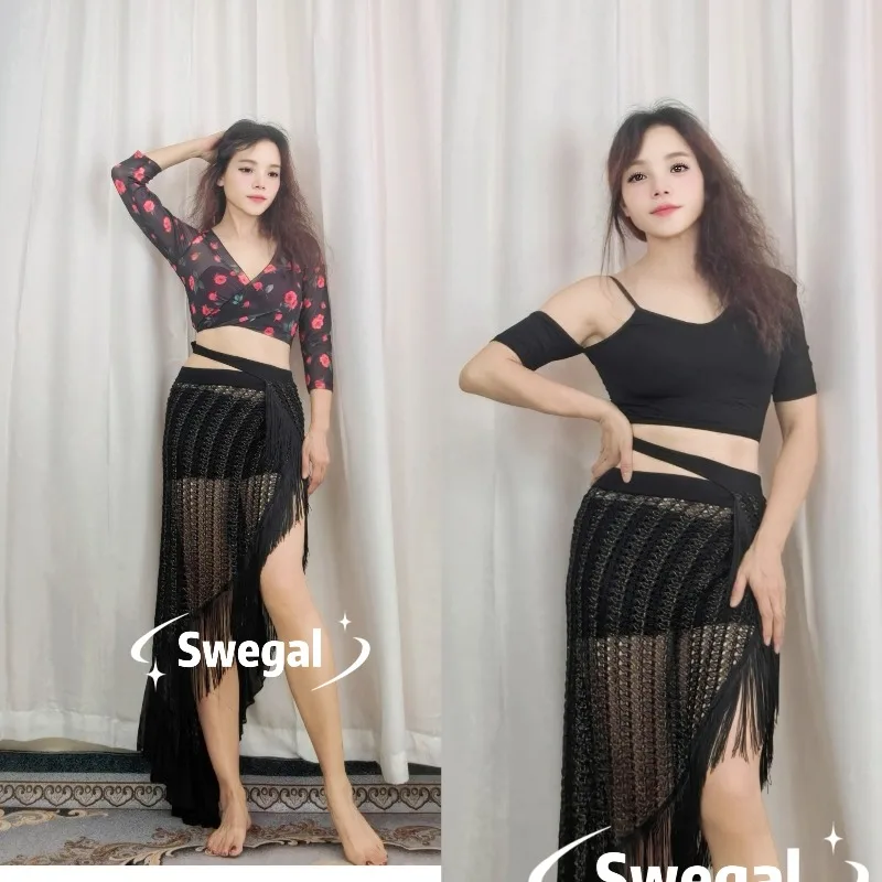 

Customized Belly Dance Costumes Practice Dress Black Bottom Red Rose Top Single Side Off Shoulder Short Sleeve Hip Scarf Skirt