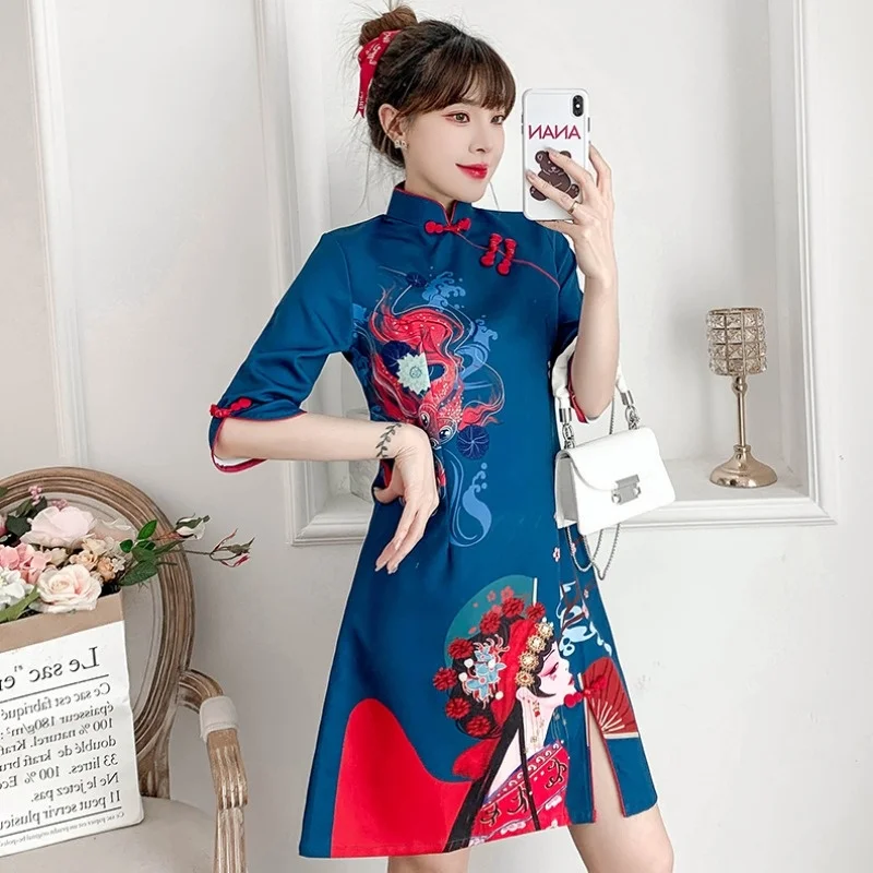 

Blue Qipao Women Peking Opera Comics Print Slim Modern Vintage Elegant Chinese Dress National Style Fashion 2022 Cheongsam