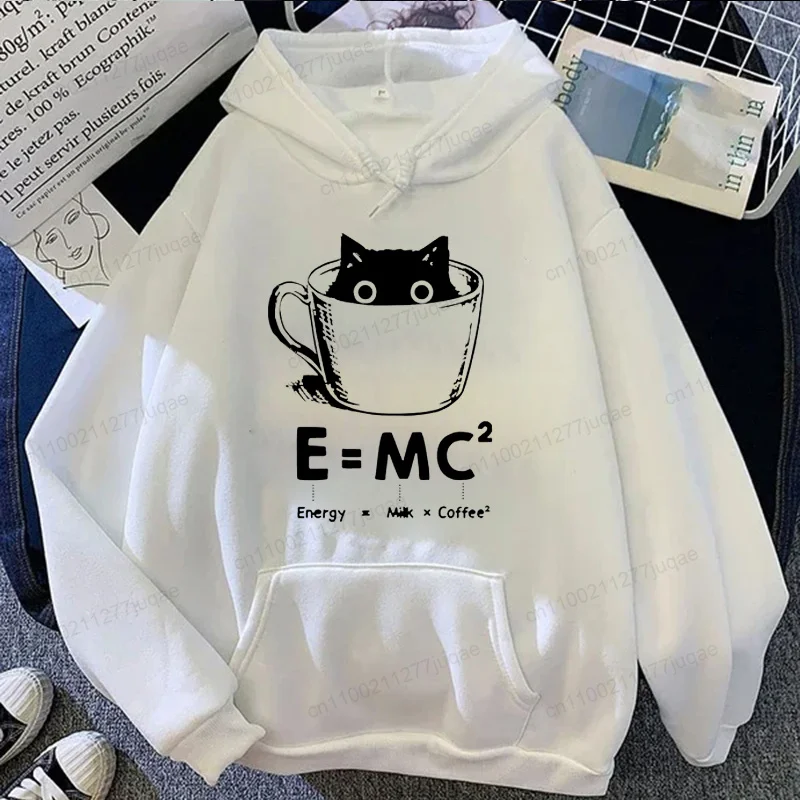 Funny E=MC² Energy Milk Coffee Equation Black Cat Hoodie Men Women Vintage Science Geek Coffee Lover Graphic Pullover Sweatshirt