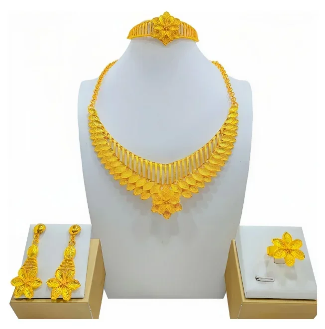 Conjunto de collar y pendientes redondos de cobre para mujer, joyería Etíope para fiesta nupcial nigeriana, Color dorado, Dubai africano, moda