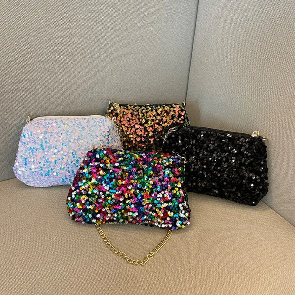 Sequins Crossbody Chain Bag Simple INS Solid Color Sequins Shoulder Bag Underarm Bag Phone Purse Evening Clutch Girl Bag