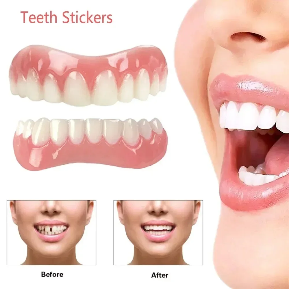 AG---4 Sets Silicone Fake Teeth Veneers Upper Lower Instant Perfect Smile Comfortable Fake Teeth for Instant Confidence Boost