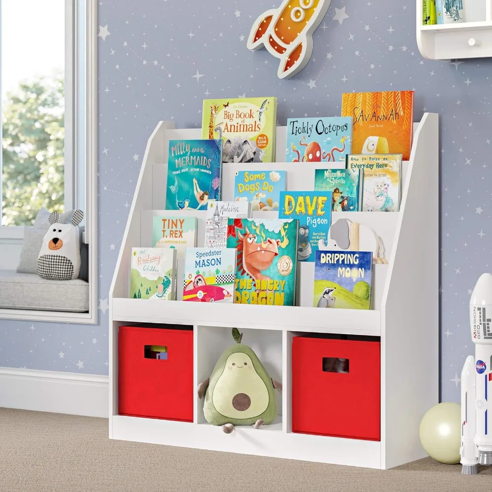 3 Cubbies Bookrack para Crianças, 4 Prateleiras, Branco, 11.81 "D x 35" W x 36 "H