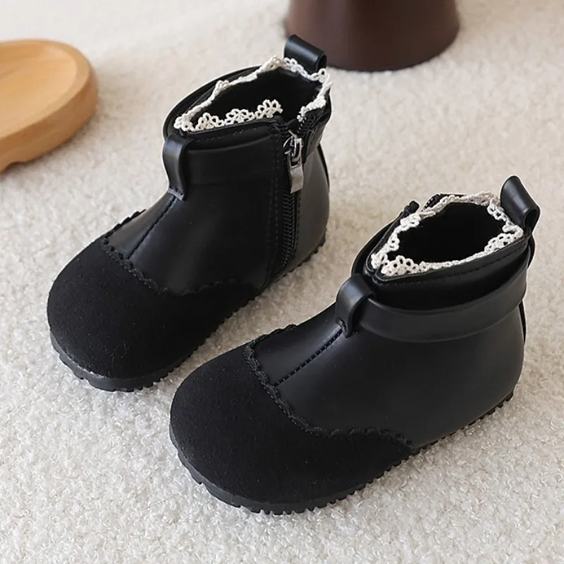 Botas Retro para niña, nuevos zapatos de otoño para niños, zapatos de princesa con borde de encaje, botines de moda, Botas de invierno para niñas, zapatos para niños, Botas para Niña
