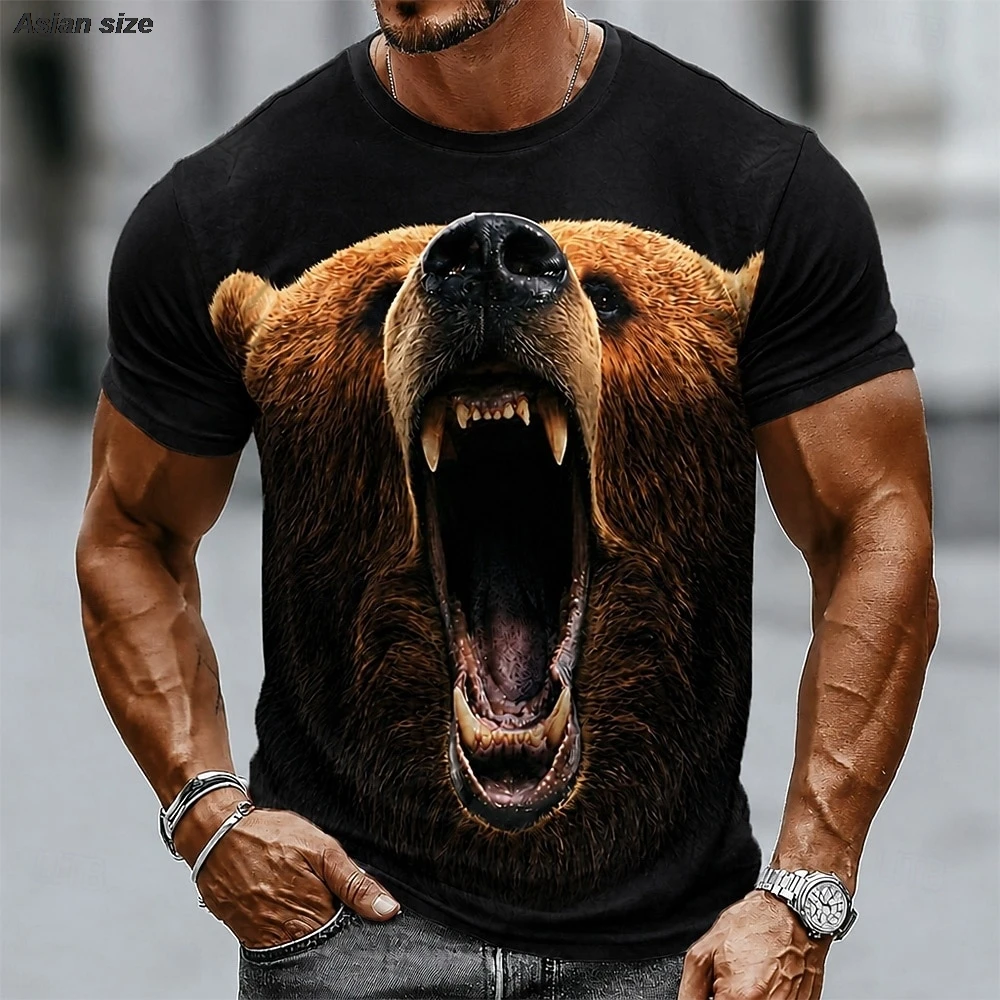 Roaring Grizzly Bear 3D Print Men T‑Shirt Casual Crew Neck Short Sleeve Fashion Tees Tops