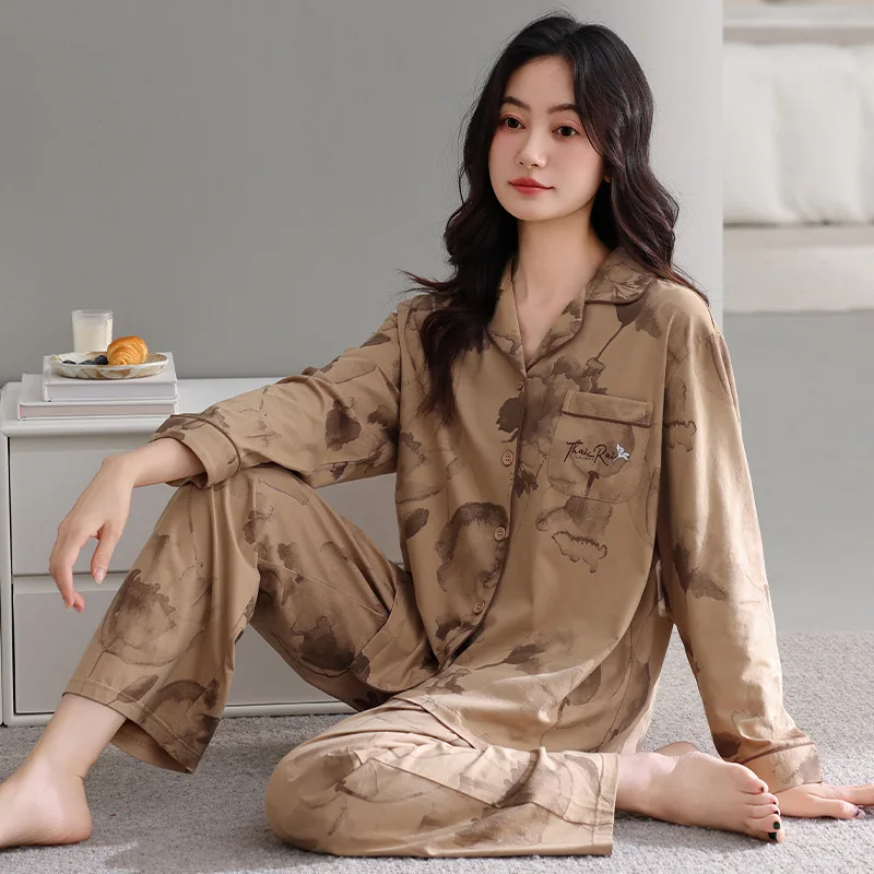 

Таиланд весенне-осенний пижамный комплект, женская мода, одежда для сна с длинными рукавами и леопардовым принтом, домашняя одежда, женская высококлассная домашняя одежда