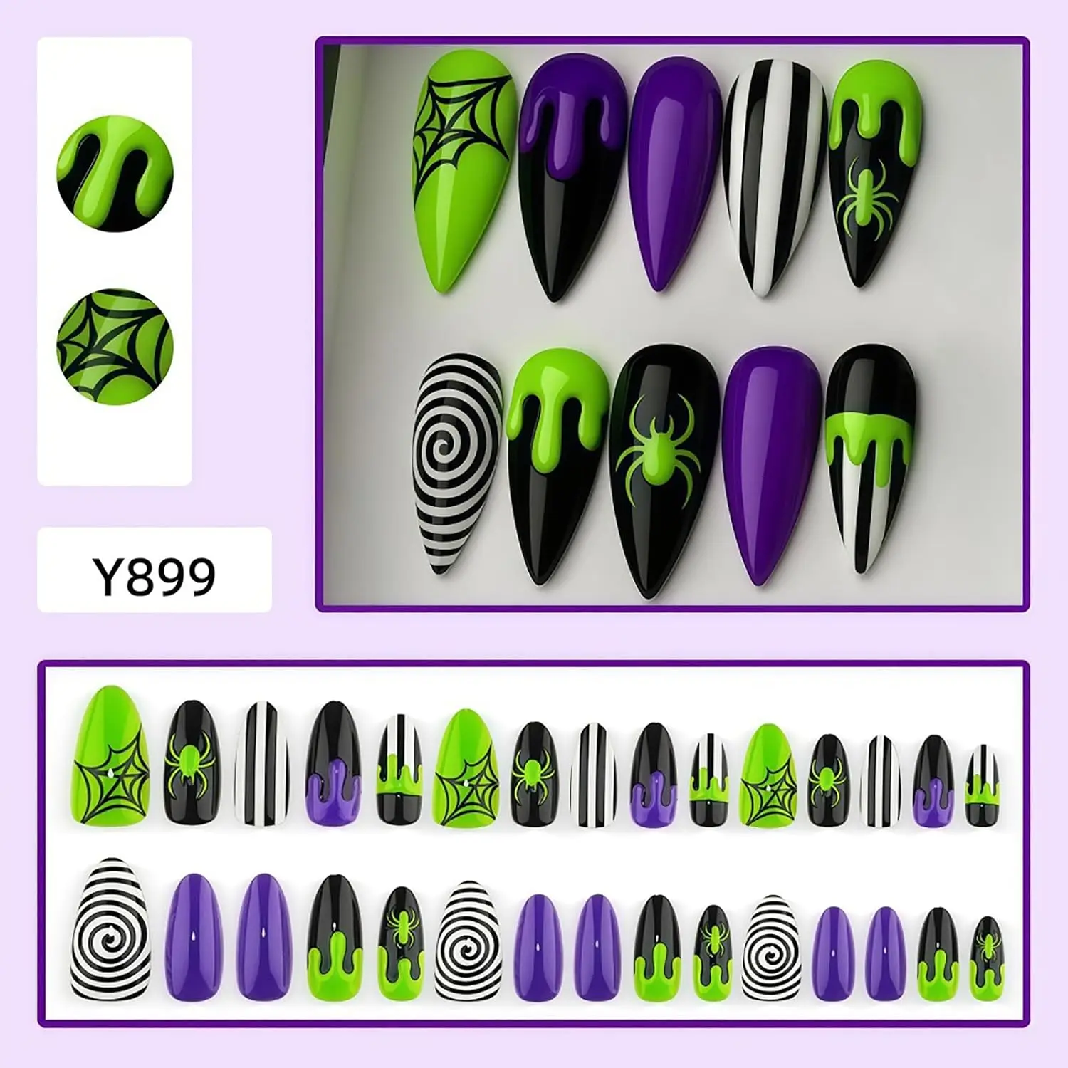 Halloween Press on Nails Almond Acrylic Fake False Nails Halloween Green Blood drop Spider Glue on Nails Glossy Stick on Nails