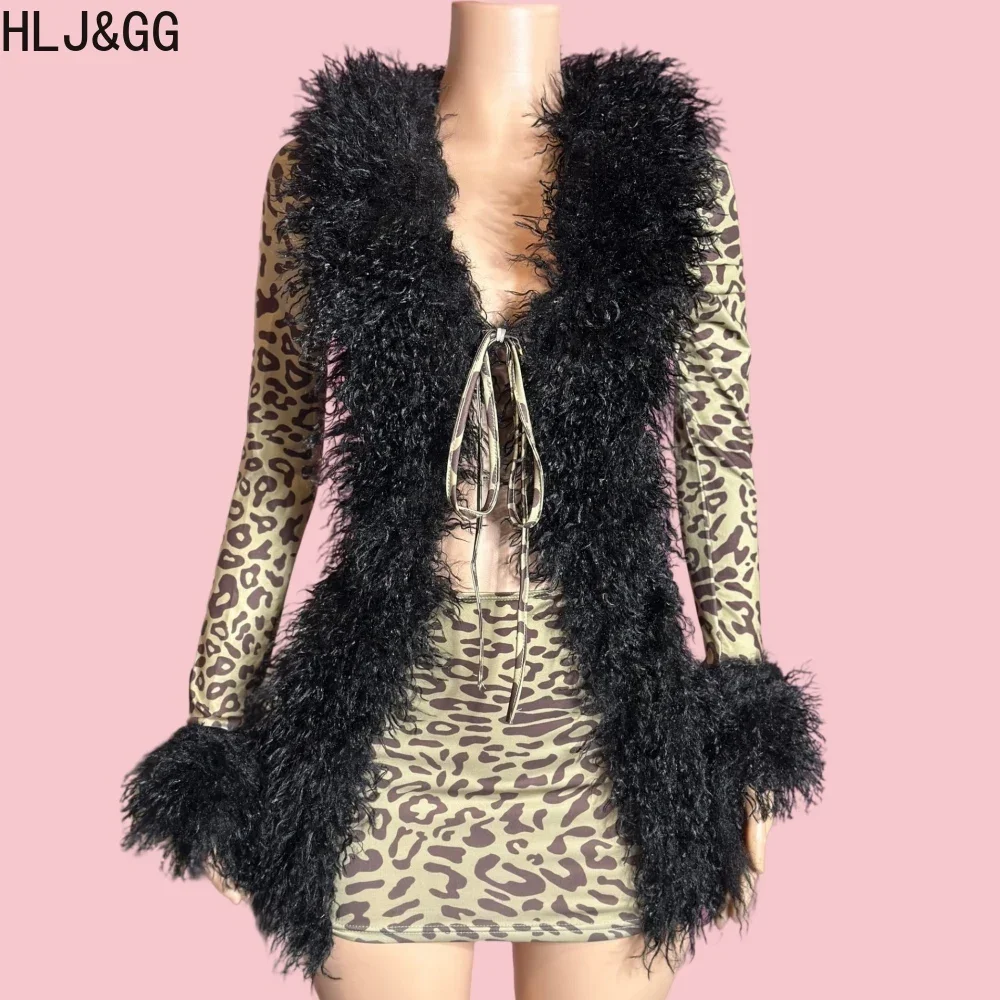 HLJ&GG Sexy Deep V Leopard Print Fur Bodycon Mini Dresses Women Long Sleeve Lace Up Slim Vestidos Fashion Hollow Clubwear 2025