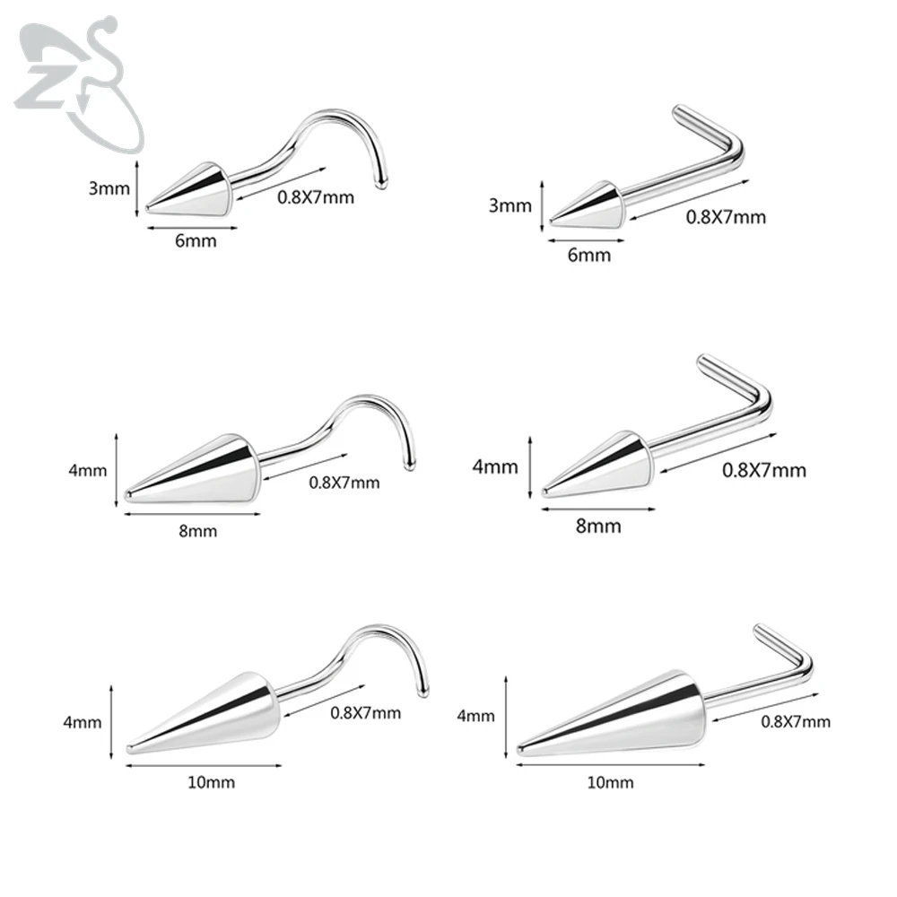ZS 1 Piece 20G Stainelss Steel Long Spike Nose Stud Men Women Black L/I/S Shapes Nose Piercings Cone Nostril Piercings 6/8/10MM