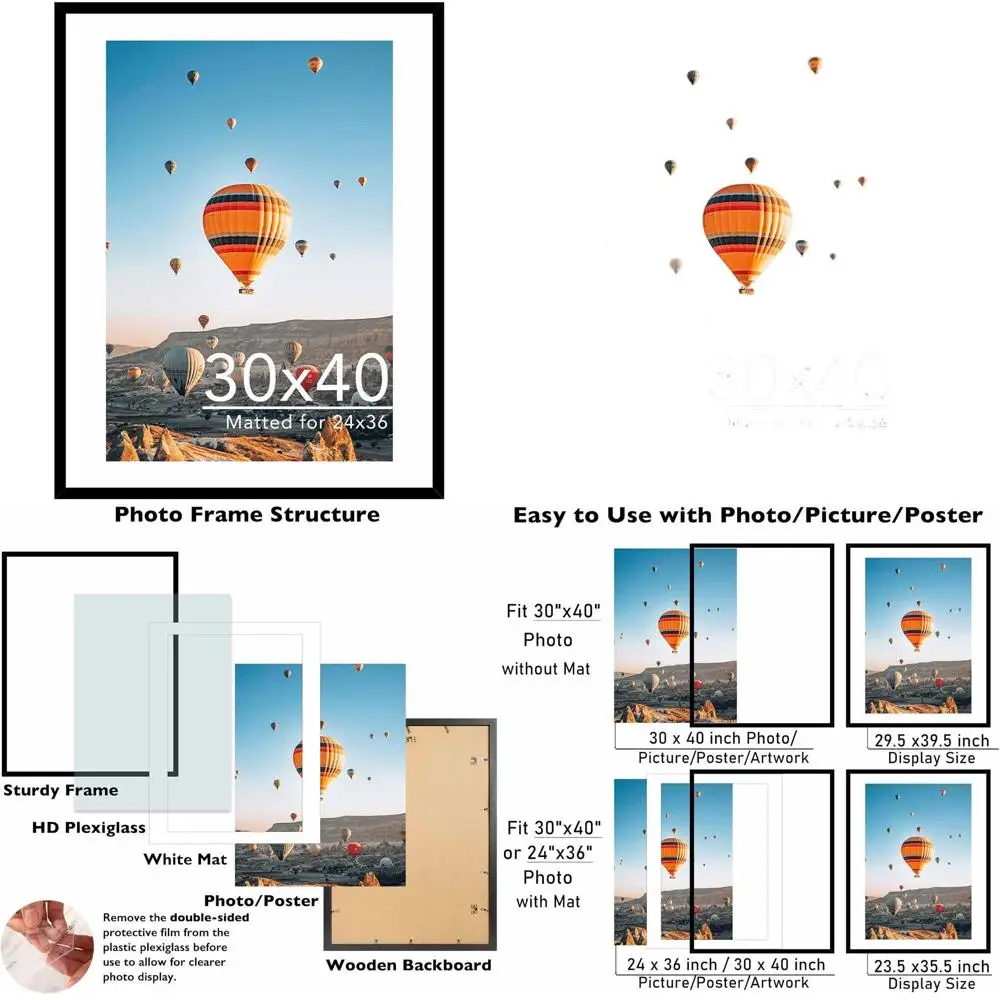 

Black Large 30x40 Picture Frame for 24x36 Photos with Mat or 30x40 Without Mat, Plexiglass Cover