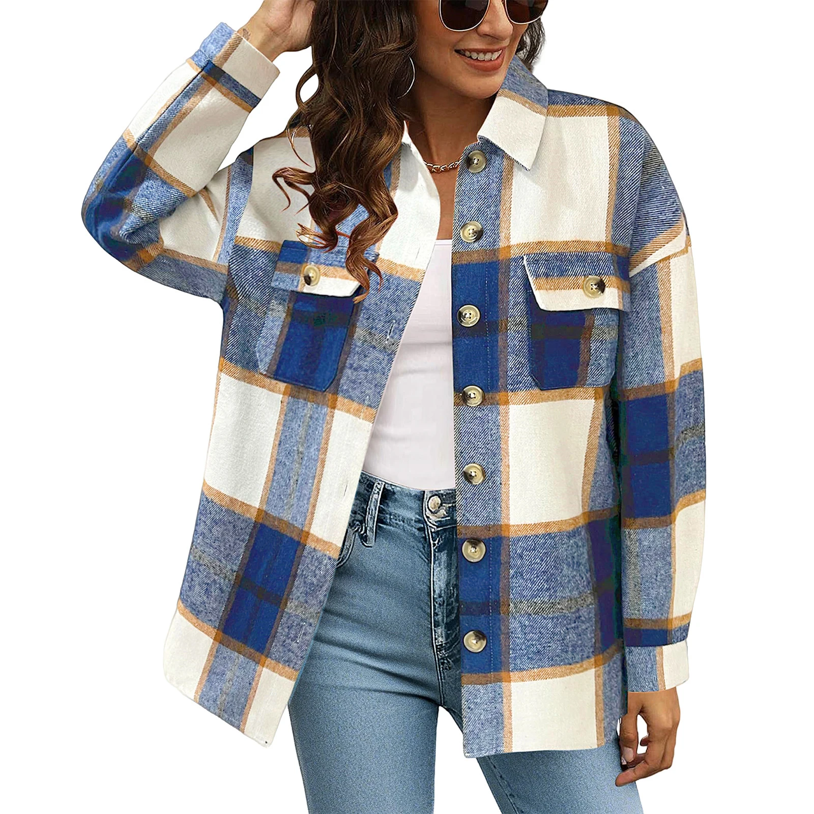 

Women'S Checkered Button Long Sleeved Loose Casual Shirt Jacket Women'S Plaid Button-Up Shirt Elegant Long Sleeve Shirt Women
