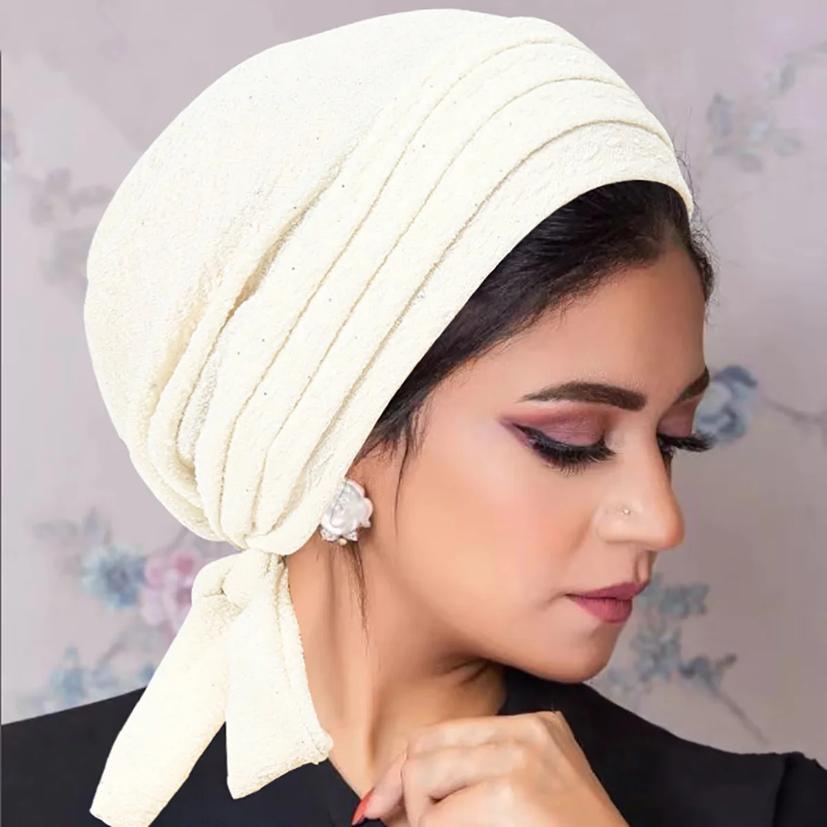 Solid Color Crinkle Turban Hijab Hats Long Tail Head Wraps Elastic Muslim Hats Breathable Chemotherapy Cap For Women Girls