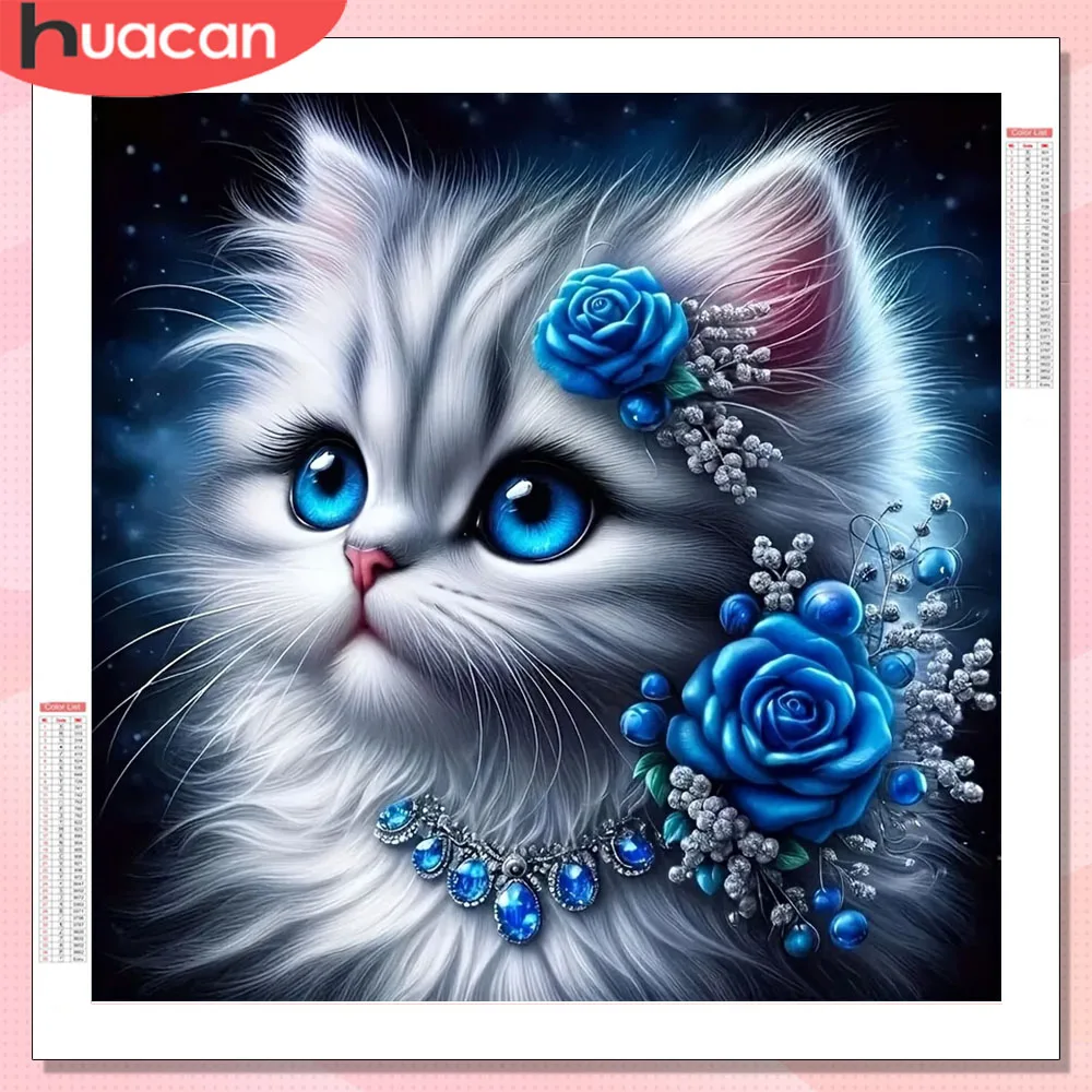 HUACAN Diamond Painting für Erwachsene: Katze, Tier, Diamant-Mosaik, Neuheiten 2026, Rosenblüten, Heimdekorationsartikel, quadratische und runde Drills