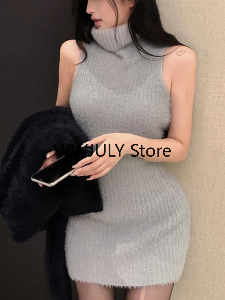 2023 Autumn Elegant Knitted Suit Woman Black Sweater Tops Slim Bodycon Sleeveless Dress Casual Y2k Mini Dress Korean Fashion Set