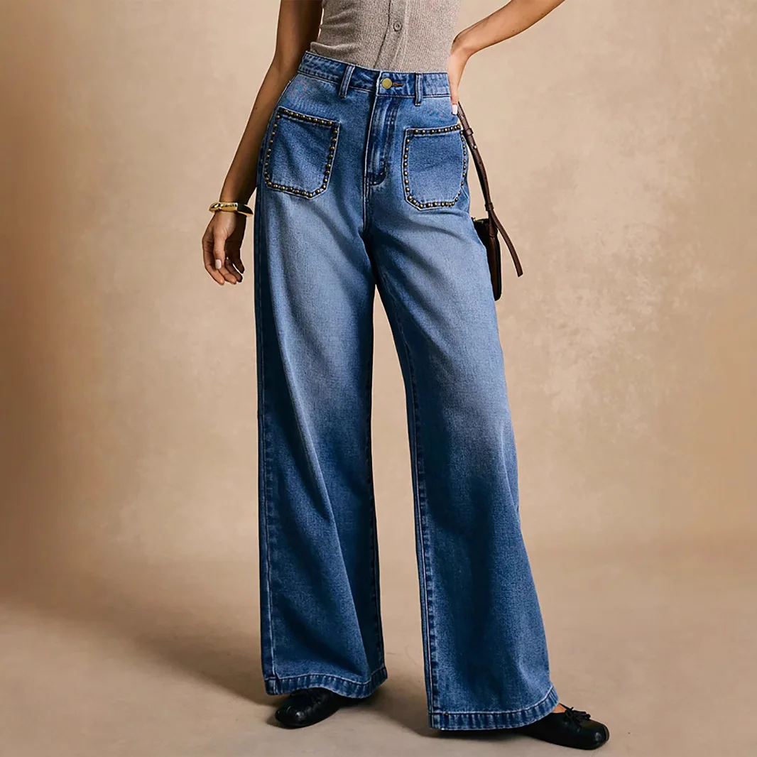

Wide Leg Jeans Women Vintage Floor Length Rivet High Waist Multiple Pockets Washed Straight Trousers Female 2025 Streetwear