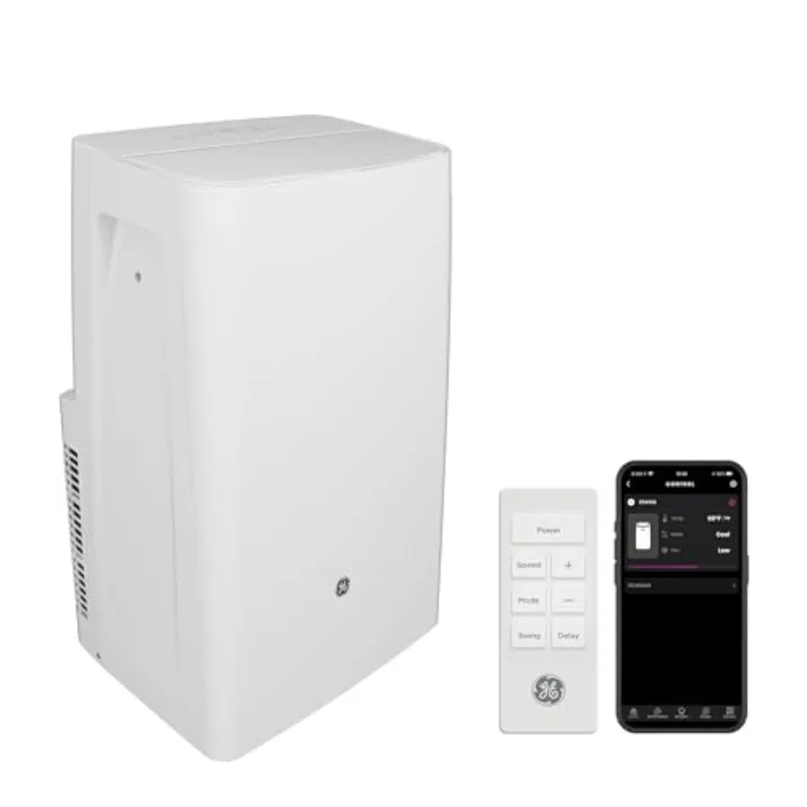 Portable air conditioner for rooms up to 350 sq ft, plastic white unit with smart Wi-Fi control, auto-evaporation no-drain syst