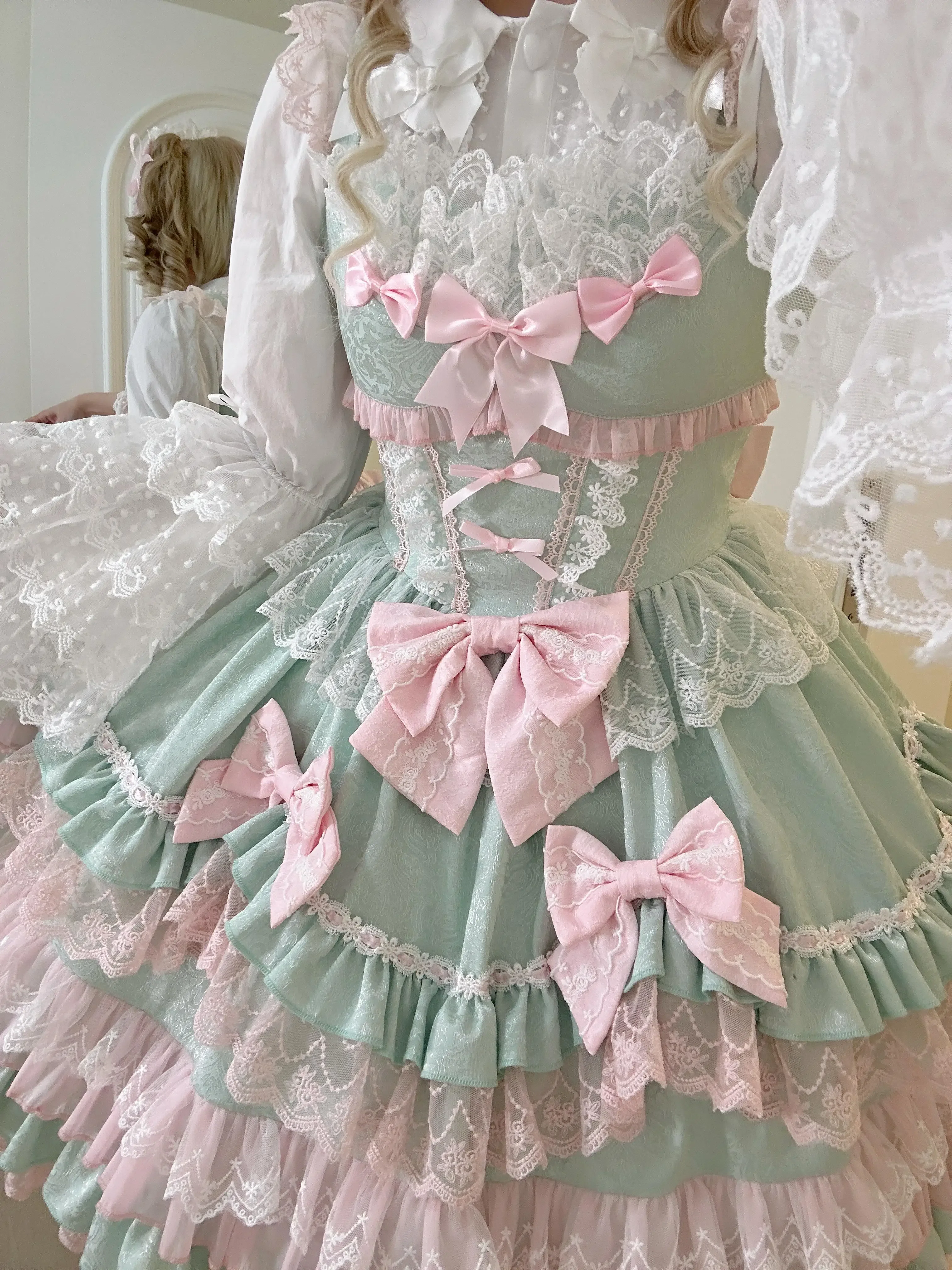NONSAR Victorian Sweet Lolita JSK ผู้หญิง Kawaii ลูกไม้ Ruffles ดอกไม้งานแต่งงานชุดโบว์ญี่ปุ่น Elegant PARTY ชุดเจ้าหญิง