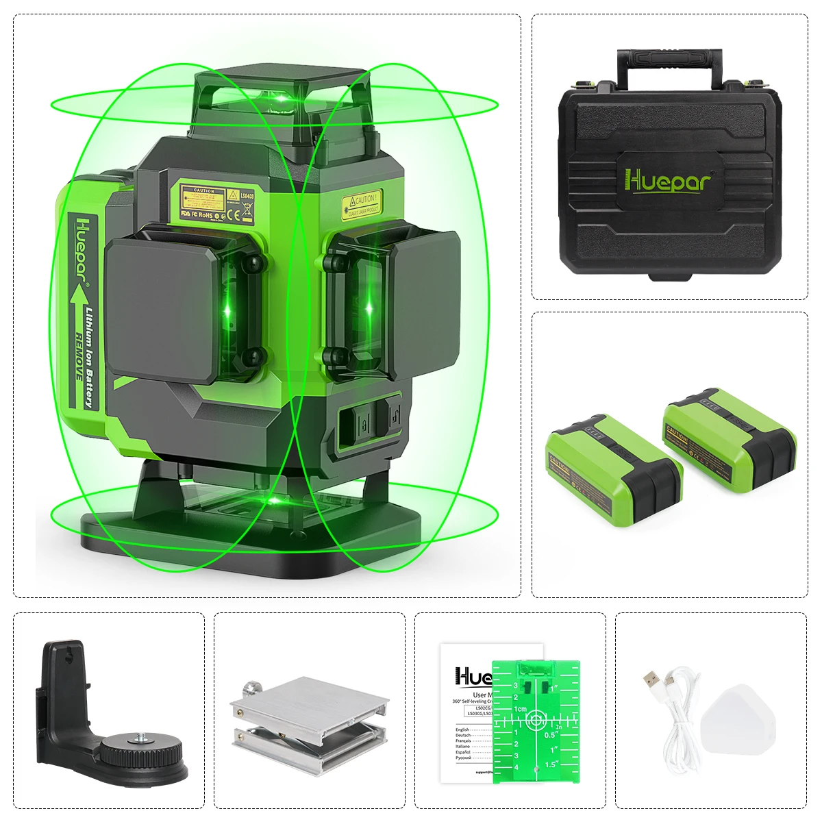 Huepar 4D مستوى الليزر الأخضر 16 خطوط التسوية الذاتية عبر خطوط أداة مستوى الليزر مجموعة مع بطارية احتياطية ومحول/كاشف الليزر