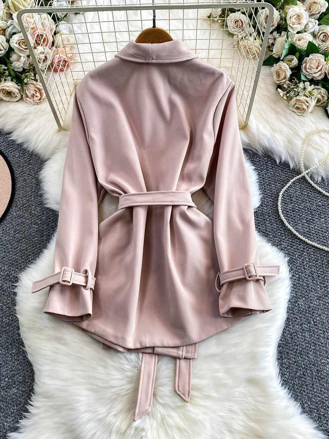 Ele Briti Sle Gürtelmantel für Damen, lockere Passform, schlankmachend, mittellang, Windjacke, Jaet Long Sve, reine Farbe, Alltagskleidung