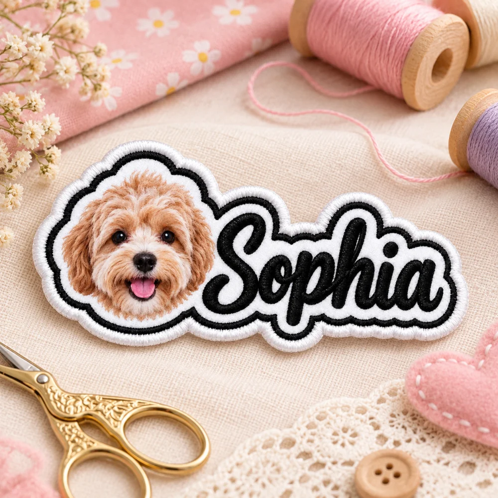 Two-tone Border Custom Patch, Embroidered Name + Printed Pet Photo Self-adhesive Badge, Personalized Sticky Back Patch