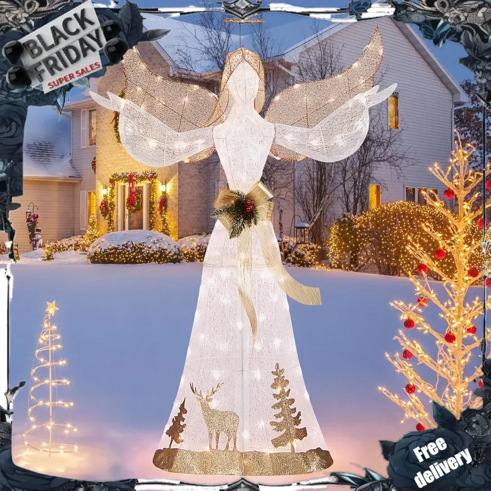 5 FT Lighted Christmas Angel, Outdoor Pre-lit 3D Glittered Angel with 100 Warm White Lights, Halo, Bow, Ground Stakes