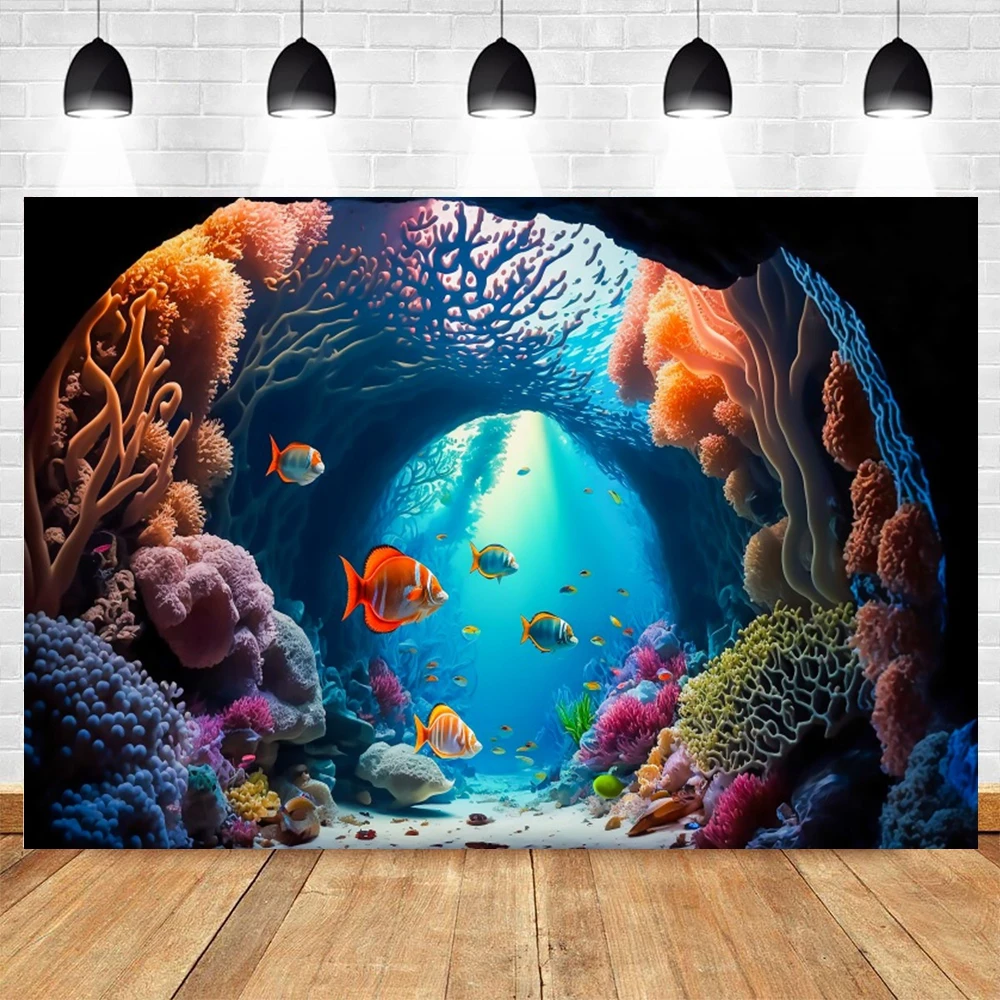 Underwater World Backdrop Undersea Pearl Shell Tropical Fish Dolphin Turtle Coral Deep Sea Sunlight Photography Background Props