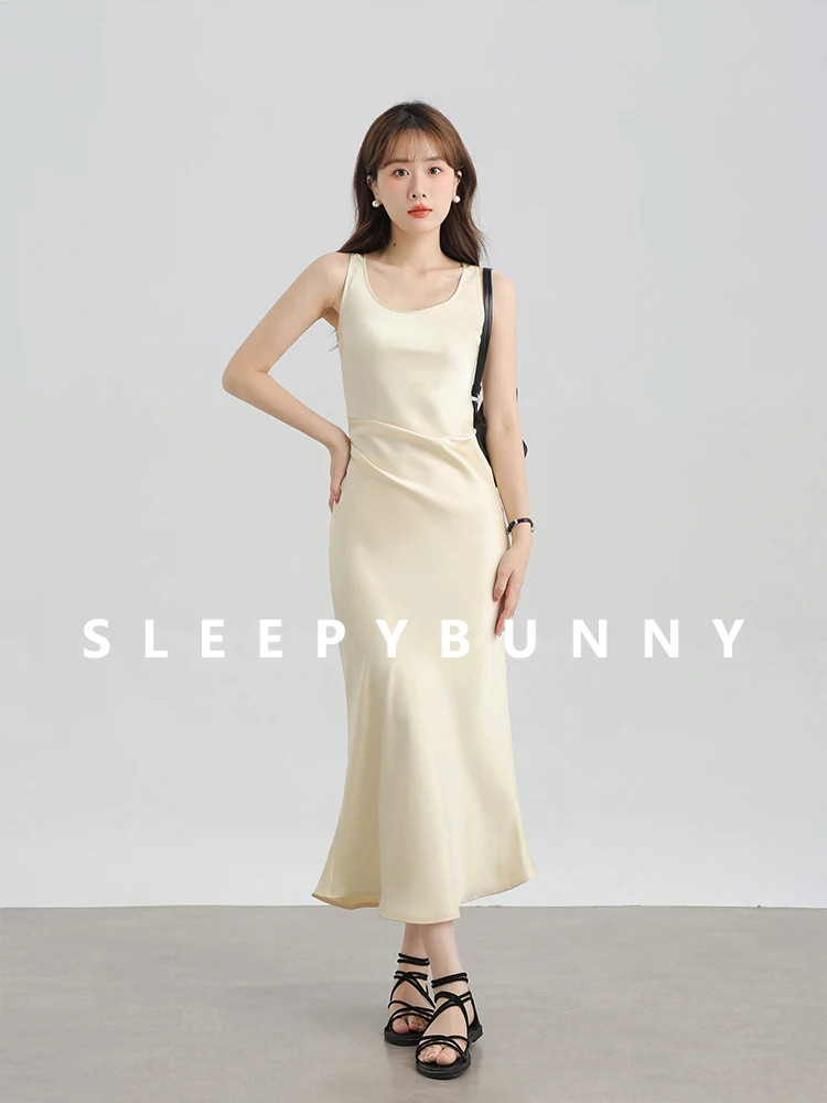 Summer Matte U-Neck Sleeveless Dress Women Waist-Cinching Slimming High-Low Flowy Long Dress Petite Figures Elegant Casual Dress