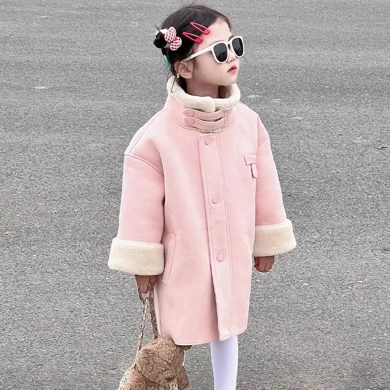 

Childrens Cotton Clothes Winter Girls Pink Princess Artificial fur Plus Velvet High collar Jacket Long Coat Warm Thicken Kids Ou