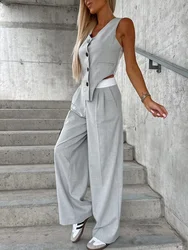Conjunto de traje informal para mujer, chaleco sin mangas con cuello en V y pantalones fruncidos, Y2K Mujar, 2 piezas, otoño, 2024