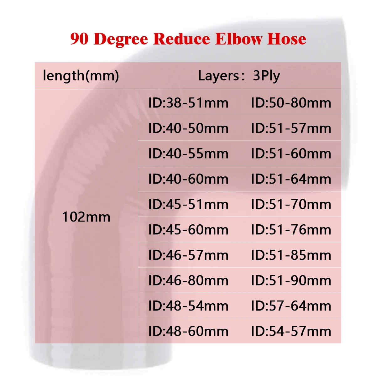 3PLY 102 مللي متر طول 90 درجة تقليل الكوع سيليكون المبرد المبرد خرطوم ID 38 40 45 46 48 50 51 54 57 مللي متر