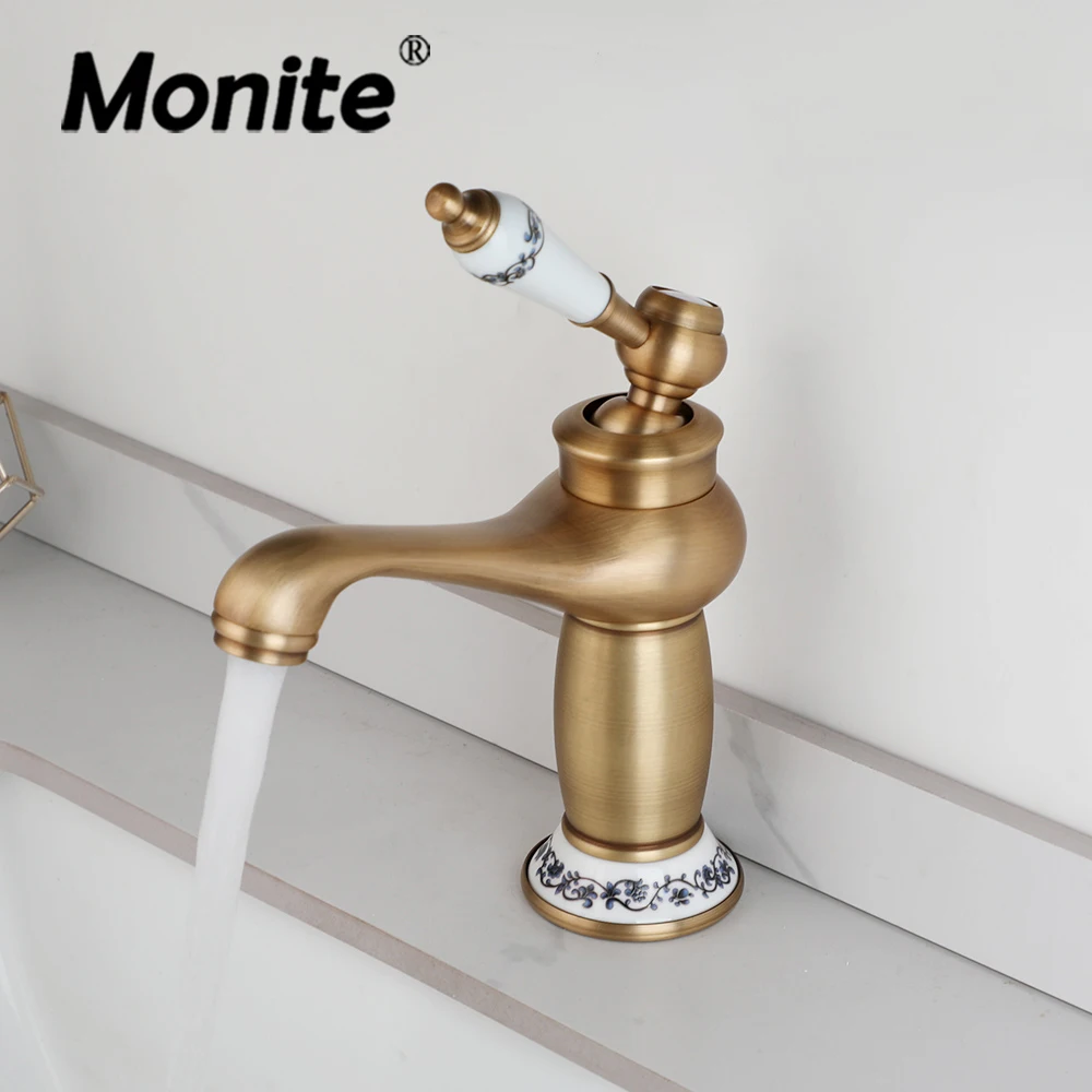 Monite Classic Antique Brass Bathroom Faucet 1 Handle Cover Raised Sink Mixer Faucets Deck Mounted Basin Hot and Cold Water Tap