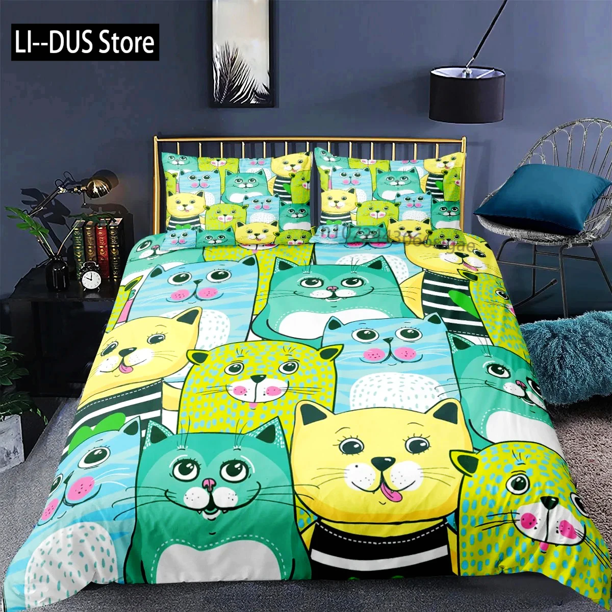 

Cat Duvet Cover Polyester Pattern With Hipster Playful Feline Characters, Decorative 2/3 Piece Twin Bedding Set withPillow Sham