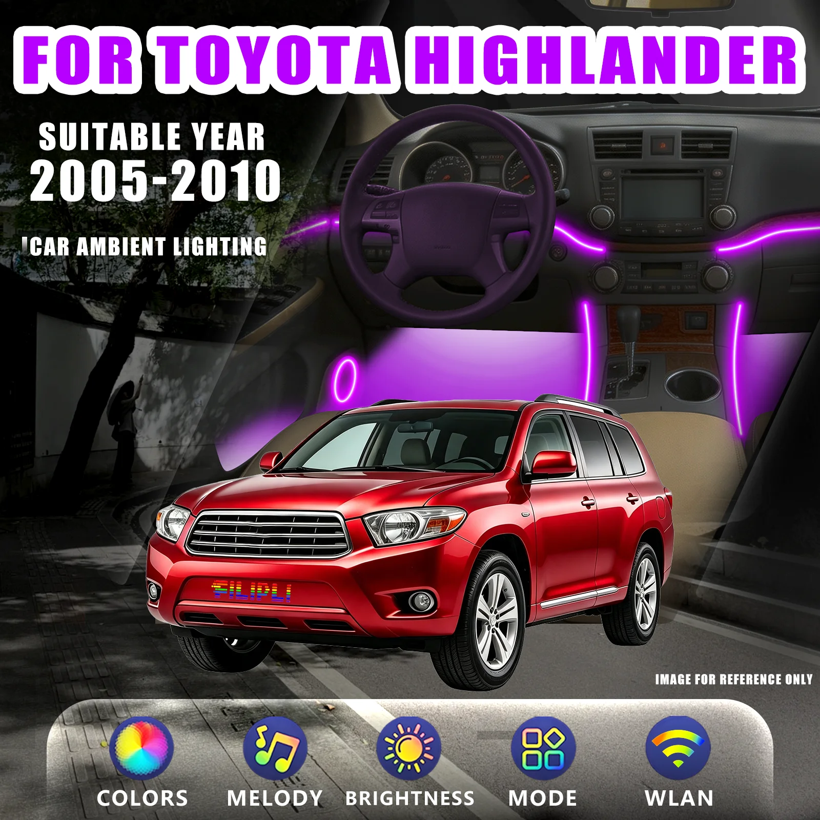 FOR TOYOTA Highlander 2005-2010 YEAR RGB 6 Lights car ambient light kit dual zone independent color lock delay off home function dedicated adapter plug play constant current flicker free lighting kit