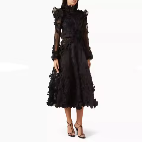 Black Lace Appliques Evening Dress for Women High Neck Long Sleeve Solid Prom Gown Tea Length Elegant Party Dress Customized