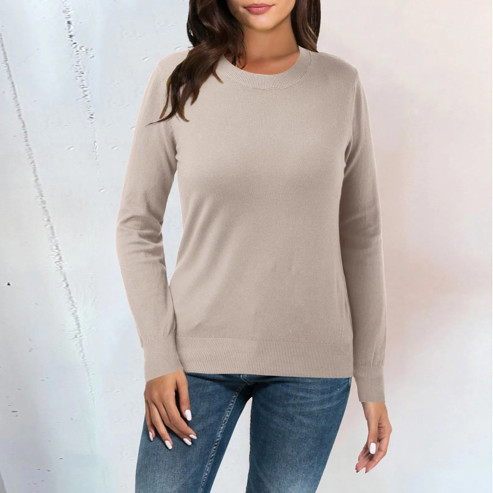 Casual Solid Color Round Neck Bottoming Shirt Loose Long Sleeved  Knitted Pullover Top Women Thermal Simple Versatile Sweater