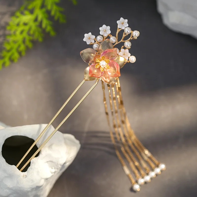 

New Chinese Style Pearl Flower Tassel Hair Stick for Women Elegant Tassel Hair Stick Elegant Metal Jewelry Hairpin Hair Clips
