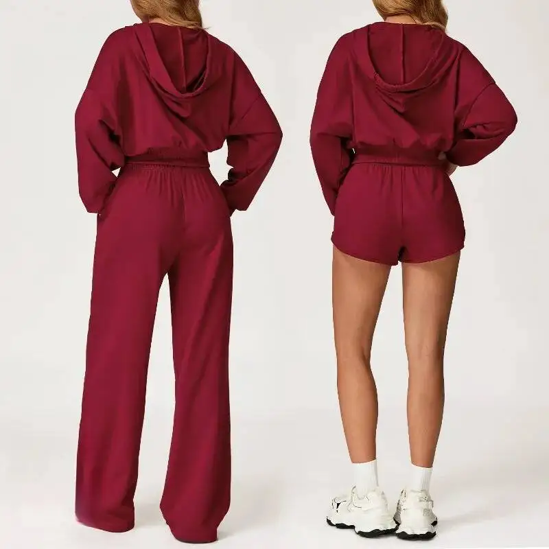 

Женский свободный комплект для йоги, удобный дышащий утягивающий спортивный комплект с капюшоном высокого класса, костюм для бега и отдыха на открытом воздухе