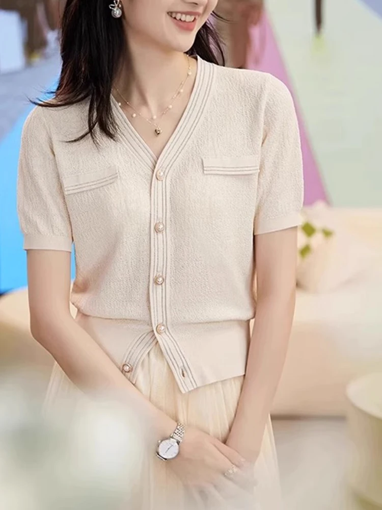 

Korean Design Single Button V-Ne ort Sve Knitted Open Cardigan Soft Skin-Friendly Base irt Summer Faion Sle