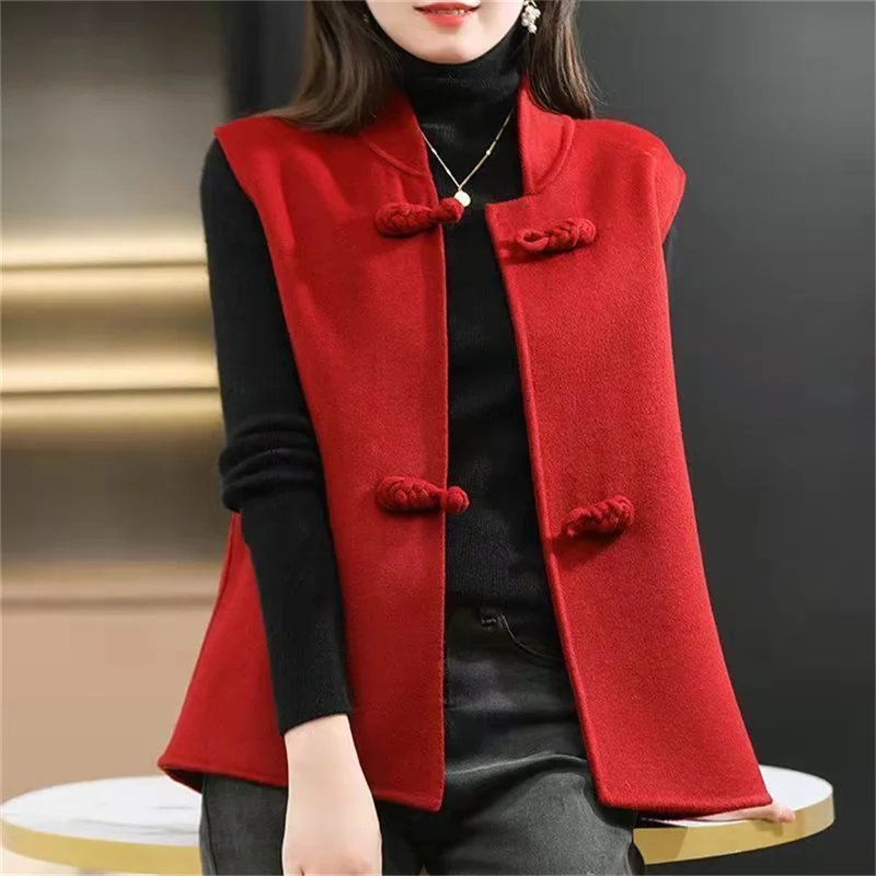 Vested Women\'s Autumn and Winter New Chinese Style Woolen Fabric Slim and Versatile Waistwear Woolen Vest Short Button Coat Red